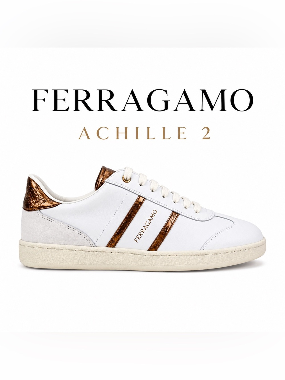 Salvatore Ferragamo Achille 2 White Gold Leather Sneakers Size 6 M NEW